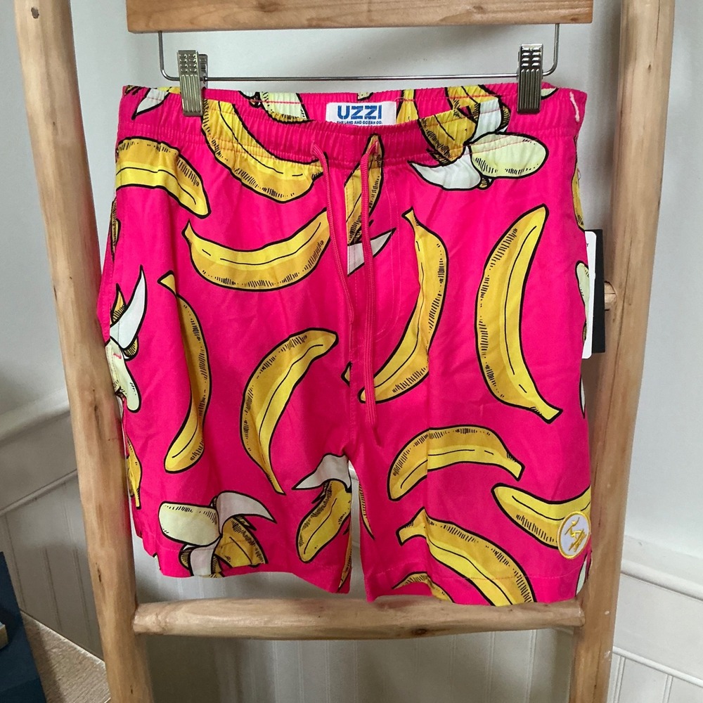 Uzzi Mens Pink Banana Print Swim Trunks Mesh Lined Board Shorts Small NEW